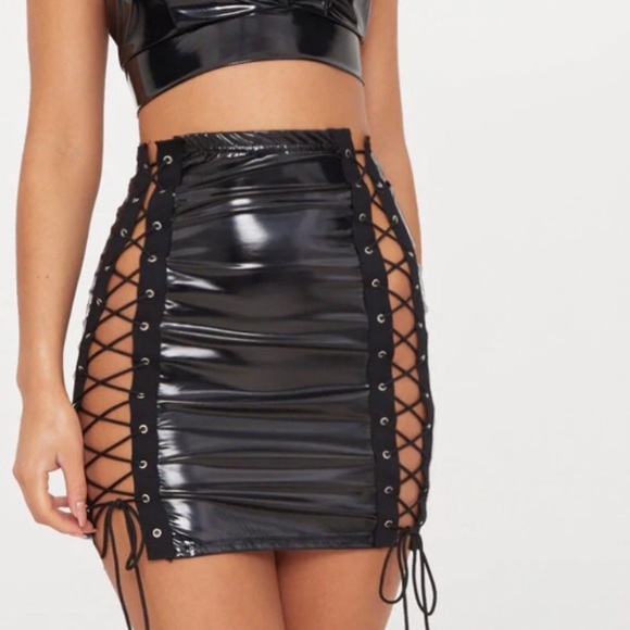 PrettyLittleThing Dresses & Skirts - PRETTYLITTLETHING BLACK VINYL DOUBLE LACE UP MINI SKIRT